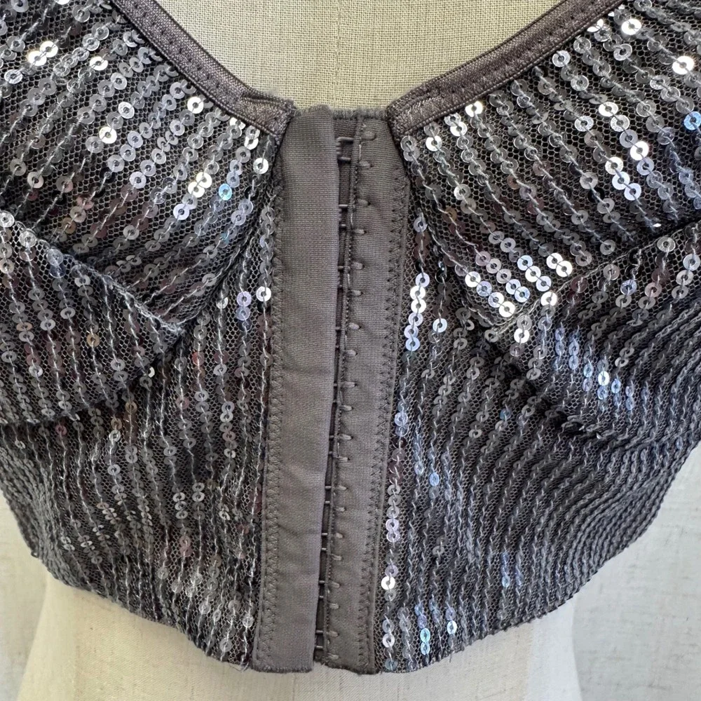 Moda International Sequin Bustier Crop Top Charcoal Grey Corset Bralette Size 12